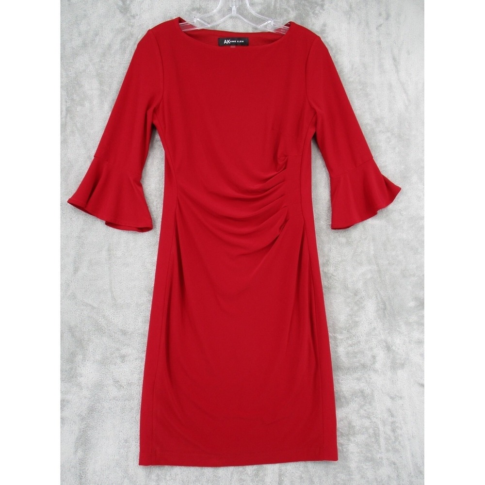 Anne Klein Dress Small Bell Sleeve Shift Career Classic Stretch Knit Zip Lined